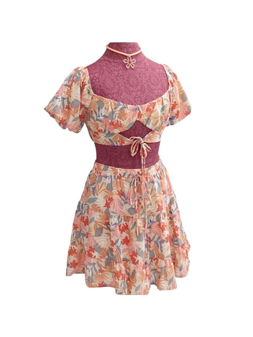 HYFVE 2PC TROPICAL SUMMER peach PINK FLORAL SKIRT N TOP size Large
